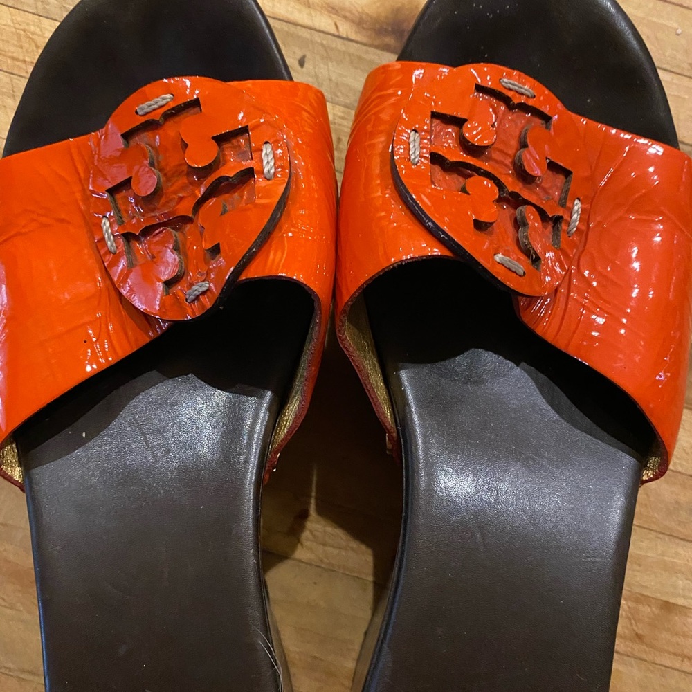 Tory Burch Orange Patent Wedges 9.5